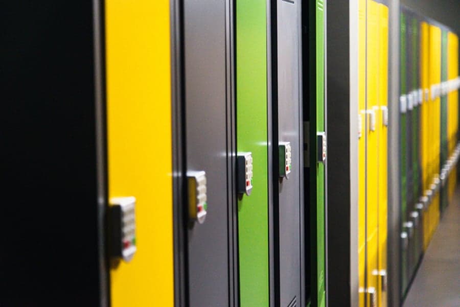 Bike storage lockers in a workplace facility