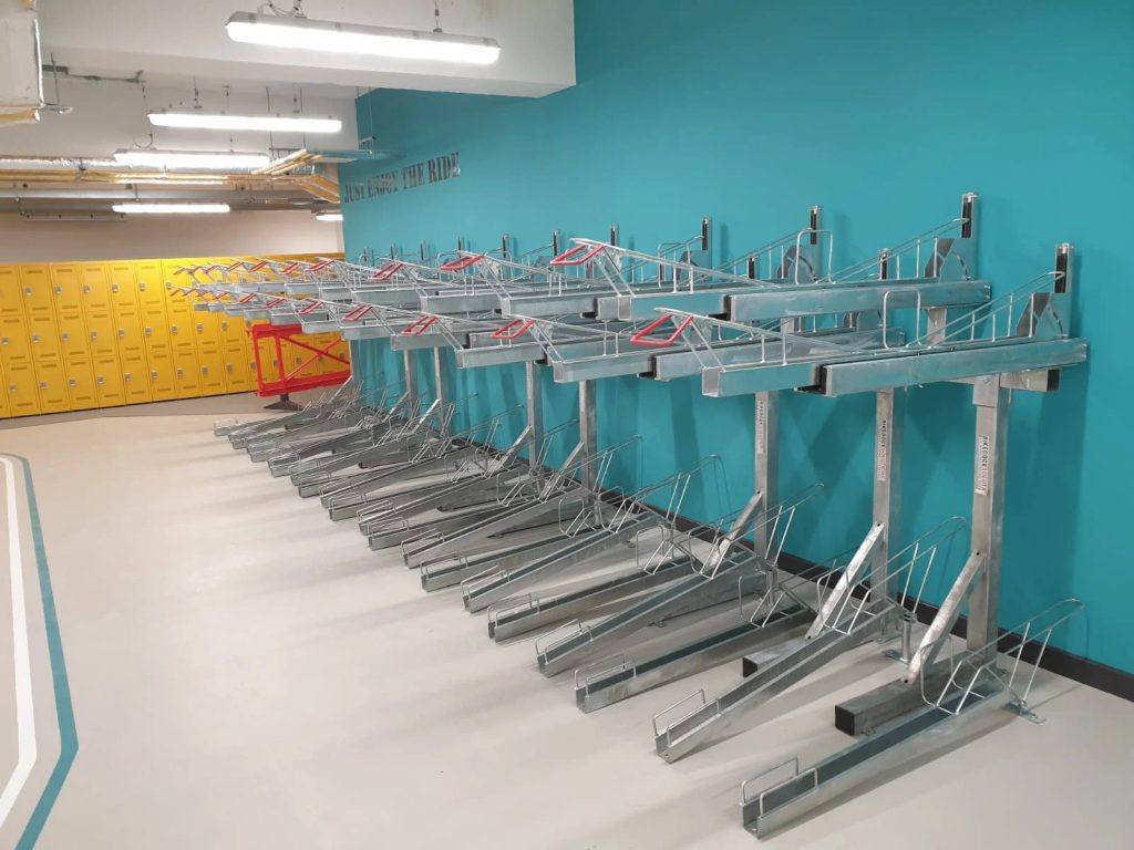 two tier bike rack in a large parking